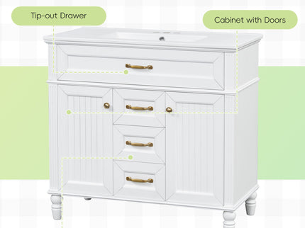 Bathroom Vanity With Sink, Flip-Out Top Drawer, Soft Close Doors, 2 Storage Drawers