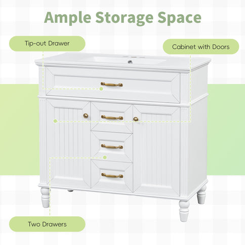 Bathroom Vanity With Sink, Flip-Out Top Drawer, Soft Close Doors, 2 Storage Drawers