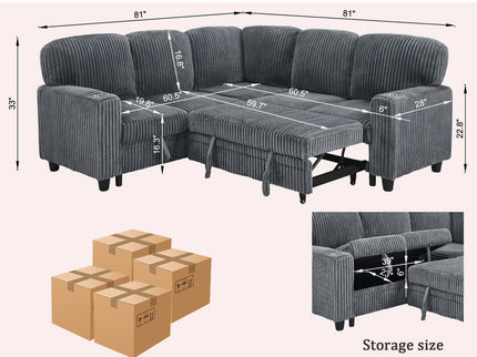 L-Shaped Sofa With Pull Out Sofa Bed With USB