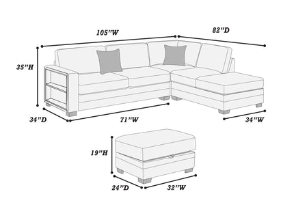 Reversible Sectional Sofa With Built In Shelf And Storage Ottoman, L - Shaped Living Room Furniture