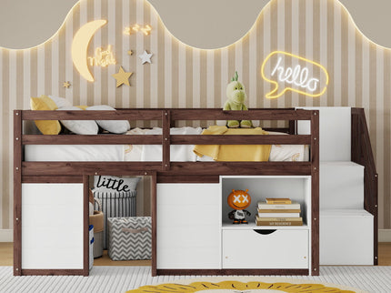 Low Loft Bed Frame With Built In Stairs, Storage Drawer, Shelf And 7 Color LED Light