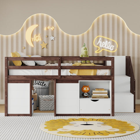 Low Loft Bed Frame With Built In Stairs, Storage Drawer, Shelf And 7 Color LED Light