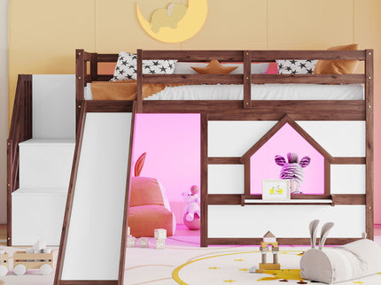 Loft Bed With Storage Stairs, Slide, Playhouse Window And 7 Colors LED Lights