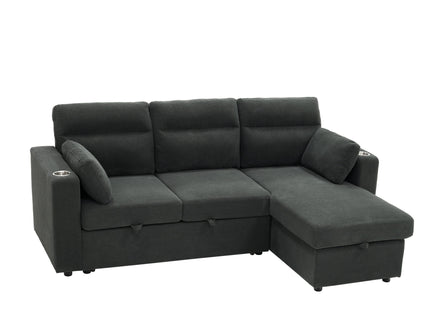 Convertible L - Shaped Sectional Sofa Bed With Storage Chaise, Cup Holders