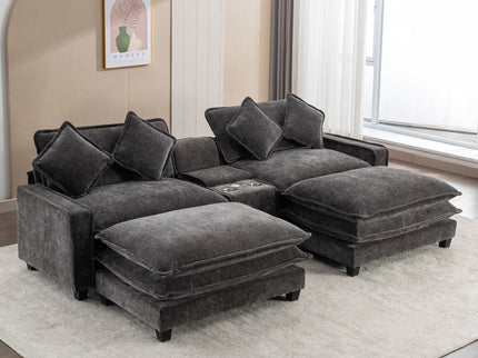 Modern Sectional Sofa With Removable Ottomans, USB Ports