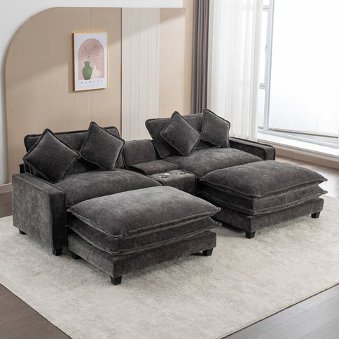 Modern Sectional Sofa With Removable Ottomans, USB Ports
