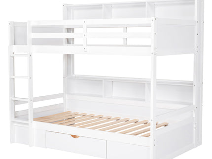 Twin Size Bunk Bed With Built-In Shelves Beside Both Upper And Down Bed And Storage Drawer