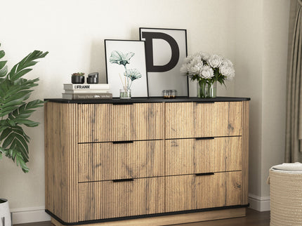 Modern 6 Drawer Cabinet With Metal Rounded Corners And Exquisite Handles Multi Functional Storage - Natural Wood