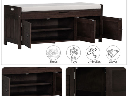 Storage Bench With 3 Shutter-Shaped Doors, Shoe Bench With Removable Cushion And Hidden Storage Space