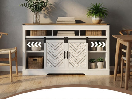 TV Stand With Sliding Barn Doors And Adjustable Storage - White / Oak