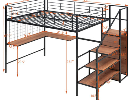 Loft Bed With Desk And Grid, Stylish Frame With Lateral Storage Ladder And Wardrobe