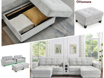 Modern Sectional Sofa U-Shaped With Movable Ottomans, tooth Speakers, LED Lights And Modular Storage