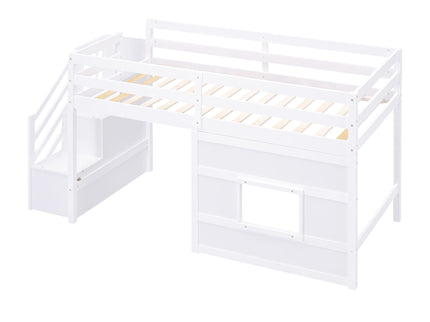 Loft Bed With Storage Staircase, Window & LED Light
