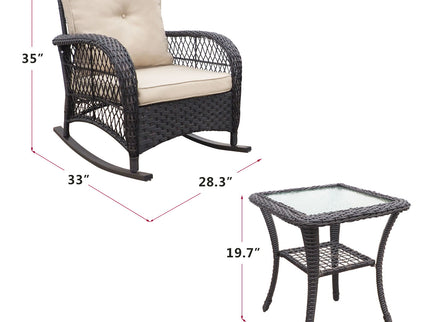 3 Pieces Conversation Set, Outdoor Wicker Rocker Patio Bistro Set, Rocking Chair With Glass Top Side Table - Brown / Beige