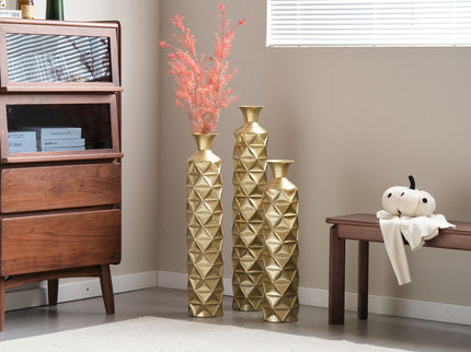 Metal Decorative Vase High Distress Metal Center Vase With 3D Triangle Pattern, (Set of 3) Vases For Home Decoration - Gold