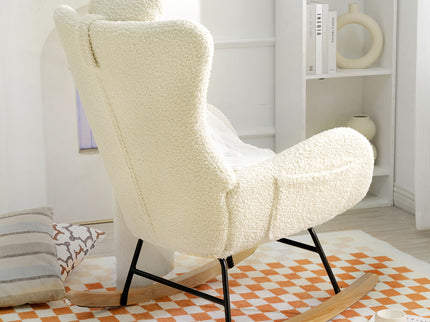Rocking Chair Nursery, Teddy Upholstered Rocker Glider Chair With High Backrest, Adjustable Headrest & Pocket, Comfy Glider Chair For Nursery, Bedroom, Living Room, Offices, Rubber Wood
