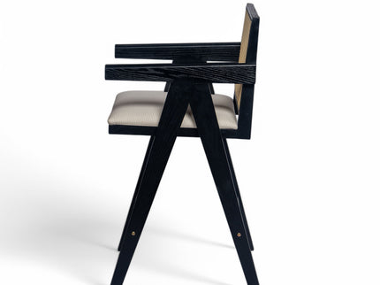 Woven Cane Plastic Backrest Bar Stool Foam Padded Fabric Seat & Durable Rubberwood Frame - Cream Gray