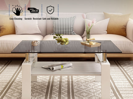 Modern Rectangular Coffee Table With Tempered Transparent Glass Top And Storage Shelf