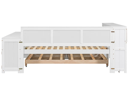 Daybed With Storage Shelves, Drawers, Trundle, Charging Station, LED Light, Desk And Cabinet