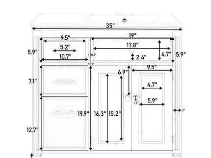 Modern Bathroom Vanity With Ceramic Sink, Freestanding, One Tip Out Drawer, 3 Side Drawers, Adjustable Shelf
