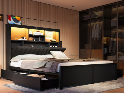 Bed Frame With High Storage Headboard, LED Light And Charging Station, 4 Storage Drawers