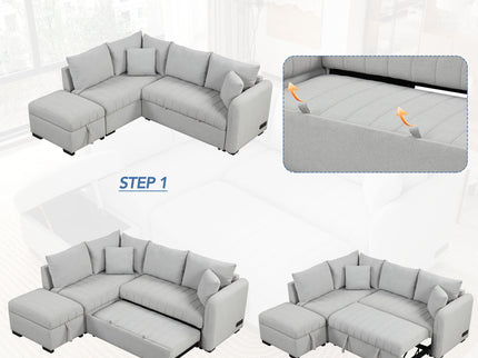 L-Shaped Sectional Pull Out Sofa Bed Sleeper Sofa With Two USB Ports, Two Power Sockets And A Movable Storage Ottoman