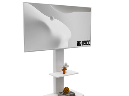 Mobile TV Stand With Shelf Floor Mount Cart For TVs With Lockable Wheels Ideal For Living Room Bedroom Or Office - White