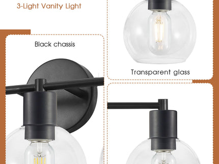 3 Light Globe Bathroom Vanity Light With Clear Glass Shades - Black