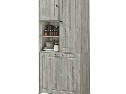 Modern Tall Storage Cabinet With Adjustable Shelves, Flip-Out Basket & Enclosed Doors