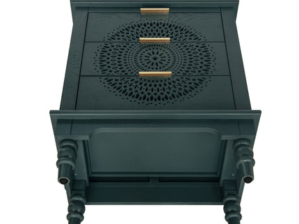 Hollow Carved 3 Drawer Dresser With Metal Handles, Storage Chest For Living Room Or Bedroom - Blackish Green