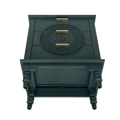 Hollow Carved 3 Drawer Dresser With Metal Handles, Storage Chest For Living Room Or Bedroom - Blackish Green
