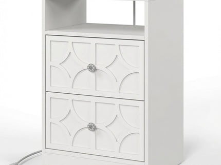 Nightstand With Diamond Carvings Handles, 2 Drawers & Charging Station