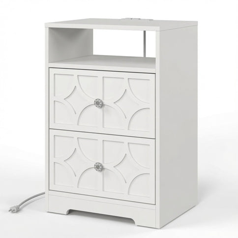 Nightstand With Diamond Carvings Handles, 2 Drawers & Charging Station