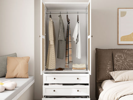 Hollow Pattern 2 Door 3 Drawer Wardrobe, The Collision Of Wood Color, Suitable For Bedrooms And Dressing Rooms - White
