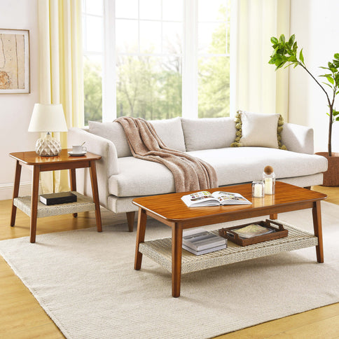 Mid - Century Square Side Table With Woven Shelf - Walnut