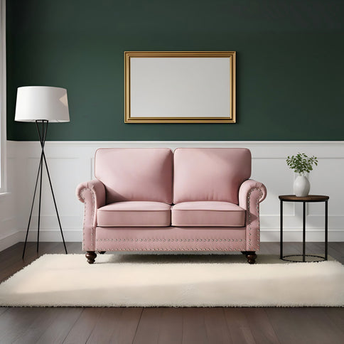 Loveseat Sofa With Nailhead Detail & Turned Legs, 2 Seater Upholstered Couch