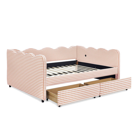 Gingham Daybed With USB Charging Port, Wave-Shaped Design