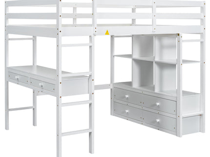 Full Size Loft Bed With Built In Desk, 2 Drawers, Storage Shelves - White