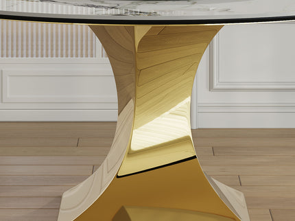 Luxury Round 59" Sintered Stone Dining Table With Stainless Steel Hourglass Base, Scratch & Heat Resistant Surface - Golden / White