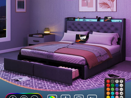 Floating Bed Frame With Rgb LED Light, 2 Storage Drawers & Headboard Shelf