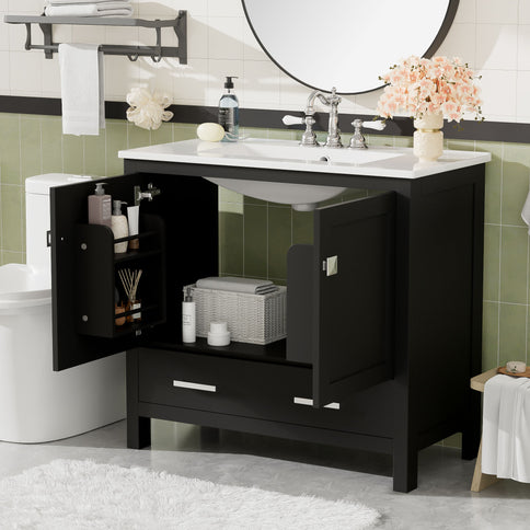 Bathroom Vanity With Sink, Soft Close Doors, Double Shelves & Divided Drawer