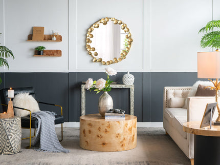 Round Metal Wall Mirror With en Leaf Accents, Modern Decor Mirror For Living Room Entryway Hallway - Gold