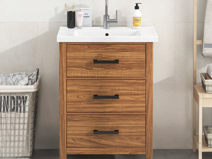 24'' Bathroom Vanity With Basin Sink, 3 Drawer Storage Cabinet - Natural Wood