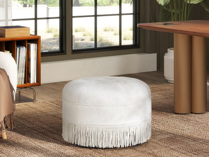 Yolanda - Round Upholstered Accent Ottoman - Almond White