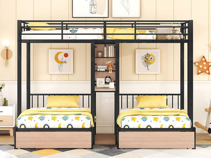 Triple Bunk Bed With Drawers, Multi-Functional Frame With Desks And Shelves In The Middle