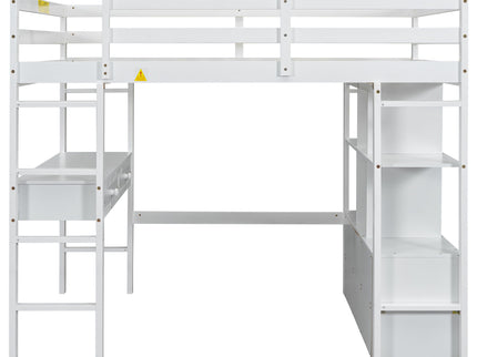 Full Size Loft Bed With Built In Desk, 2 Drawers, Storage Shelves - White