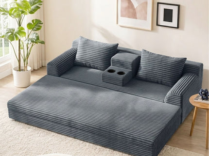Soft Striped Convertible Sofa Bed, Dual Use Lounge Couch With Cup Holders And Pillows