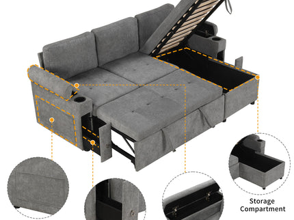 Convertible L Shaped Sofa Couch With Storage, Cup Holders, USB Ports