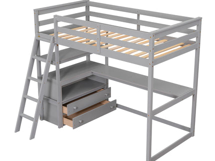 Modern Loft Bed With Built In Desk, Shelves, And 2 Drawers