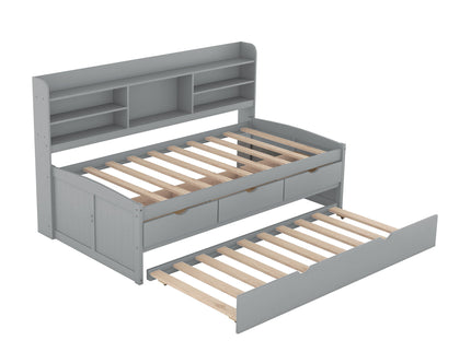 Captain Bed With Built In Bookshelves, 3 Storage Drawers, And Trundle